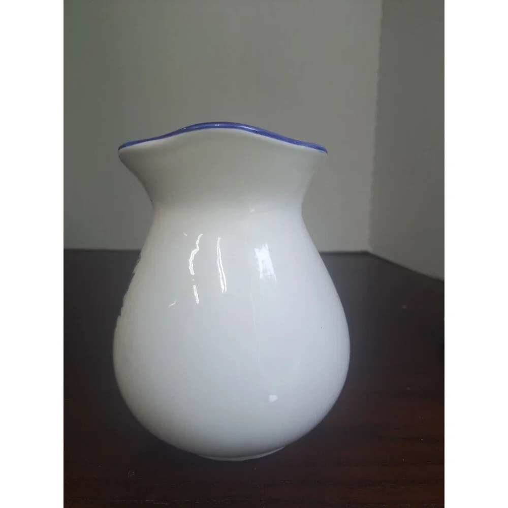 Hand Painted White Ceramic Pitcher Blue Flowers And Trim